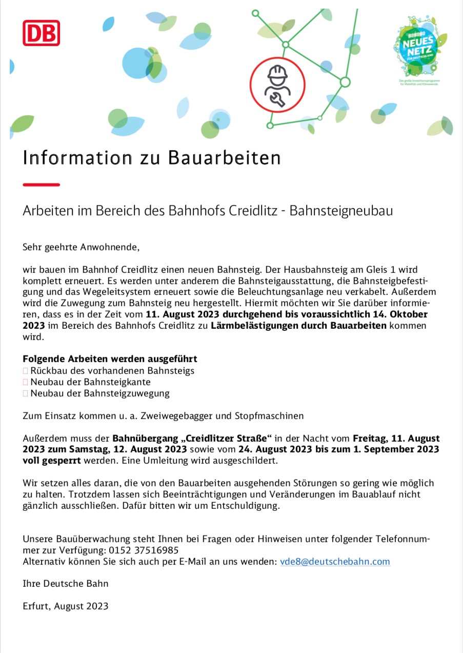 Information zu Bauarbeiten: Arbeiten im Bereich des Bahnhofs Creidlitz - Bahnsteigneubau